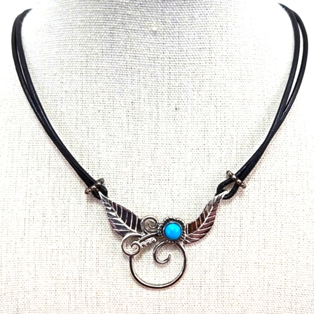 Native American Sterling Silver Turquoise Pendant On Black Leather Cord